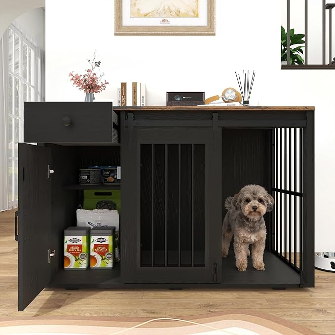 Verano Garden 44" Dog Crate Furniture, Dog Kennel (44" Left Facing Door) | 2-in-1, Lockable, Sliding Door, Removable Divider, Adjustable Shelf, Farmhouse, Heavy Duty, Small Medium Dogs, Black