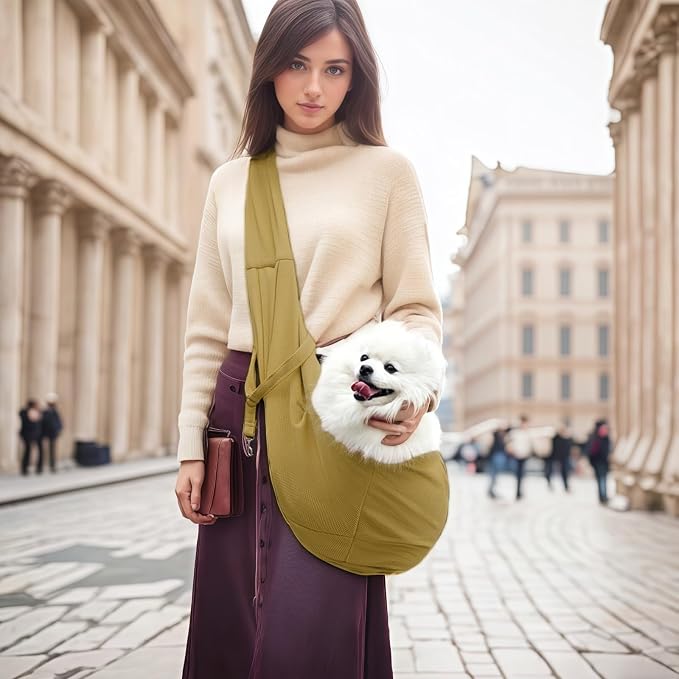 Dog Sling Carrier Soft Breathable for Small Dogs Cats 3-12 lb Khaki | Cat sling & dog carrier sling with safety tether, organizer pocket, soft fabric. Perfect for travel, hiking,outdoor