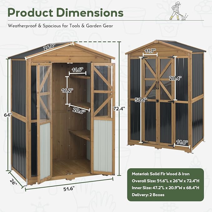 Extra Large Outdoor Storage Cabinet Weatherproof, Garden Shed with Shelves | Waterproof Asphalt Roof, 6 Adjustable Shelves & Anti-Tip Wall Brackets, Lockable Doors, 6 Hooks, for Garden, Garage, Patio