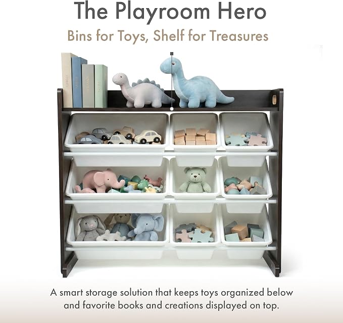 Humble Crew Kids Toy Organizer with Display Shelf, 9 Bins, 3 Tier Storage | Sturdy wood and steel toddler shelf, removable BPA-free containers, wall anchor anti-tip safety kit for bedroom or classroom