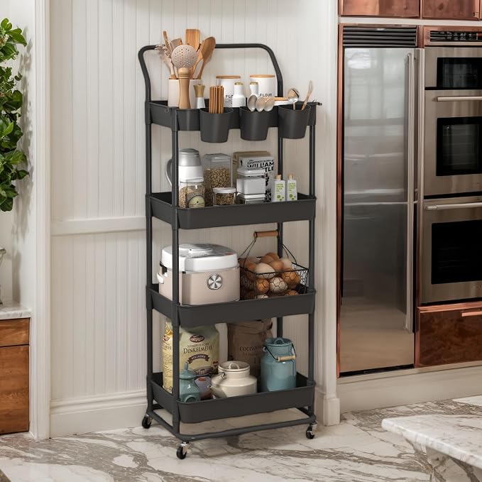 Buzowruil 4-Tier Rolling Utility Cart, Storage Cart with Handle Multi-Purpose and Locking Wheels,with Hanging Basket and Hook for Office, Kitchen, Bathroom,Black
