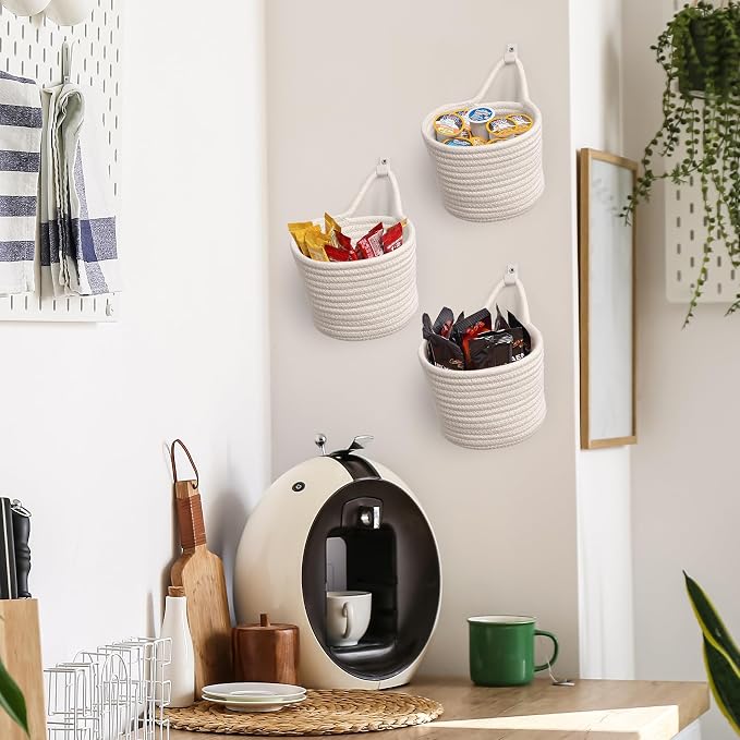 Fabric Wall Hanging Baskets - 3Pack Woven Pouchs Boho Style Wall Mounted Bag with Adhesive Hooks, Storage Organizers and Decoration Pocket Caddy Bins on Door Rack (White & White, Large) | Wall Small Bags with Adhesive Hooks, Cotton Rope, Boho Decorativ...