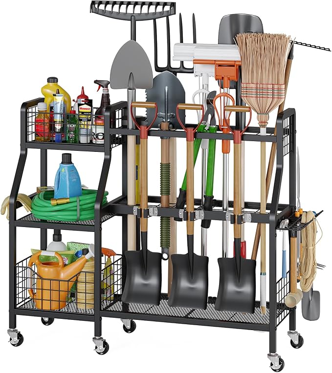 keomaisyto Heavy-Duty Garden Tool Organizer with 6 Wheels and 2 Baskets | 3 Lockable Casters, Large Metal Yard Tool organizer, Garage Tool Organization and Storage for Shed/Yard/Broom Closet/Lawn