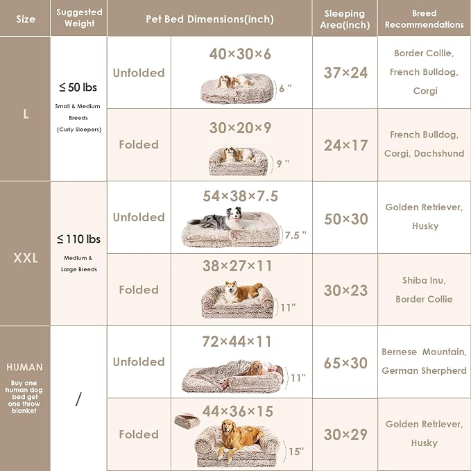 EHEYCIGA Orthopedic Foldable Human Dog Bed - 72x44x11, Faded Brown | Memory Foam Human Sized Dog Bed, Waterproof Pet Bed for People, Faux Fur Pet Couch for Adult with Non-Slip Bottom