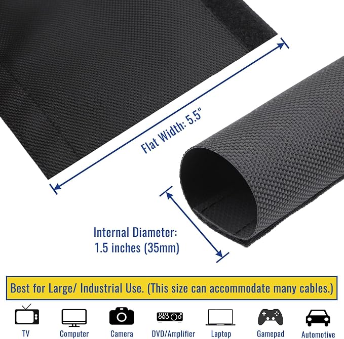 1.5" - 6.6 Ft Dog/Cat Cord Protector, Hook and Loop Cable Sleeve | Cable management sleeve; Reversible, flexible & cuttable; Split wire wrap for TV, USB, audio, computer and automotive; Black