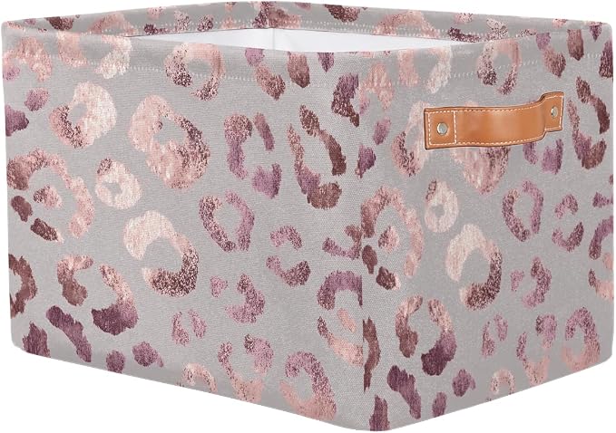 SEULIFE Rose Gold Leopard Print Pink Foldable Storage Basket, Large Collapsible Organizer Storage Bin Cube Toys Storage Boxes with Handles for Bathroom Kids Nursery Closet Storage, 1 Pack