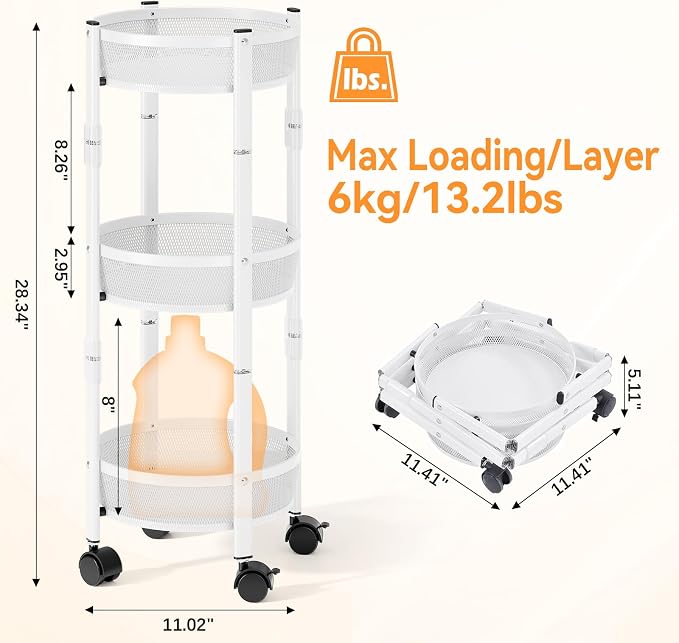 TOOLF 3 Tier Foldable Rolling Cart, Metal Utility Storage Cart, White | Assembly-Free, Lockable Wheels, Round Trolley Organizer for Bathroom, Kitchen, Office, Dorm, Laundry, Craft Room
