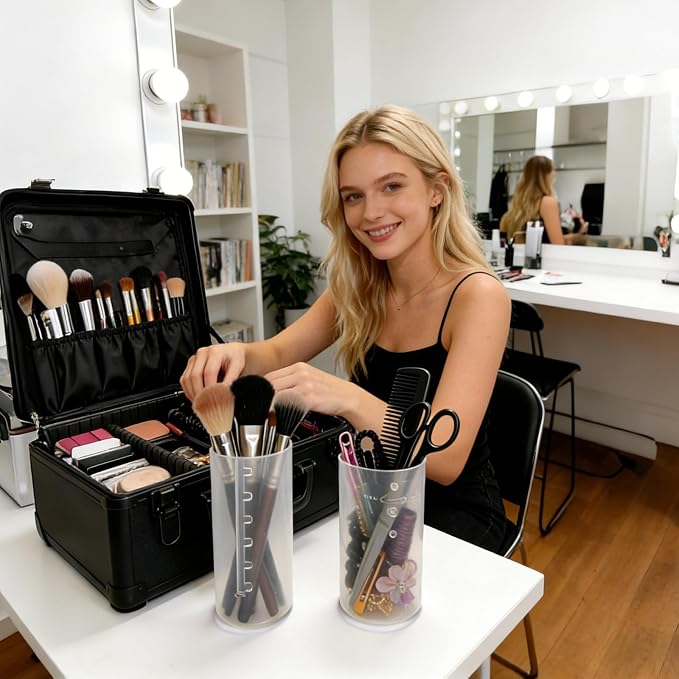 Retractable Travel Makeup Brush Holder, Clear Plastic Brush Cup with Lid, Portable Brushes Organizer for Makeup Artists | Vanity, Multi-Purpose Pen Pencil Container & Straw Holder, 2pcs