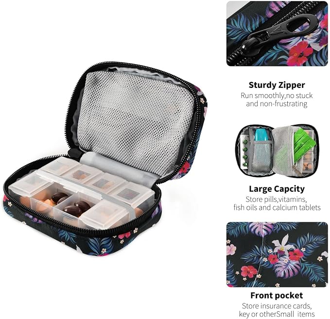 Pill Organizer Palm Leaves Flowers Pill Box 7 Day Pill Case Bag Travel Pill Organizer Bag with Zipper Portable Weekly Case Compact Size for Vitamin Supplement Holder