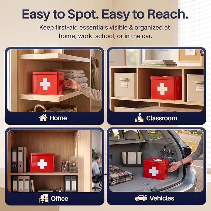 Flexzion Large Metal First Aid Box Empty, 8.5-Inch, Red with White Cross | Vintage Medicine Box and First Aid Storage Organizer with Removable Tray and Dividers; Empty Box Only, Supplies Not Included