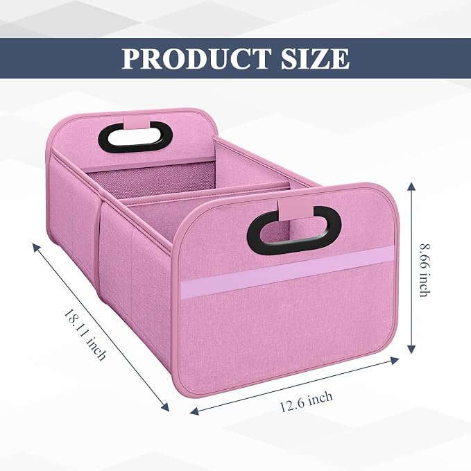 Car Trunk Organizer, Foldable Car Trunk Storage Box with 2 Compartments & Mesh Pocket, Large Capacity, Portable with Handle, Collapsible Backseat Storage Organizer for SUV Truck Sedan (Pink)