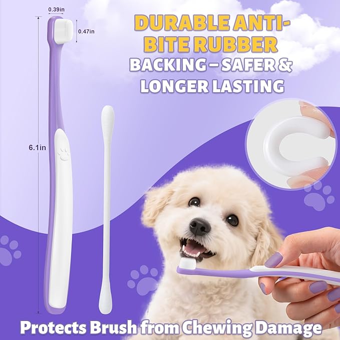 Tiny Dog Toothbrush for Small Dogs - 0.39" Mini Brush Head, Curved Handle, Soft Bristles, Dual Rubber Back, Gentle Puppy Tooth Brush Kit for Yorkie Chihuahua & Small Dog Teeth Cleaning
