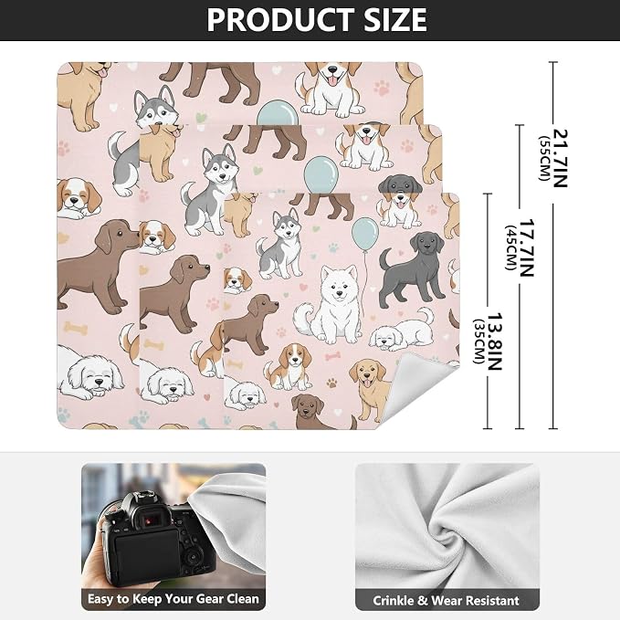 Emelivor Cute Pets Dogs Pink Print Self-Adhesive Magic Cloth Makeup Bag Foldable Cosmetic Bag for Travelling Protector Wrapper for Camera Laptop Sleeve Cover for Travel Cosmetics, 17.7x17.7in