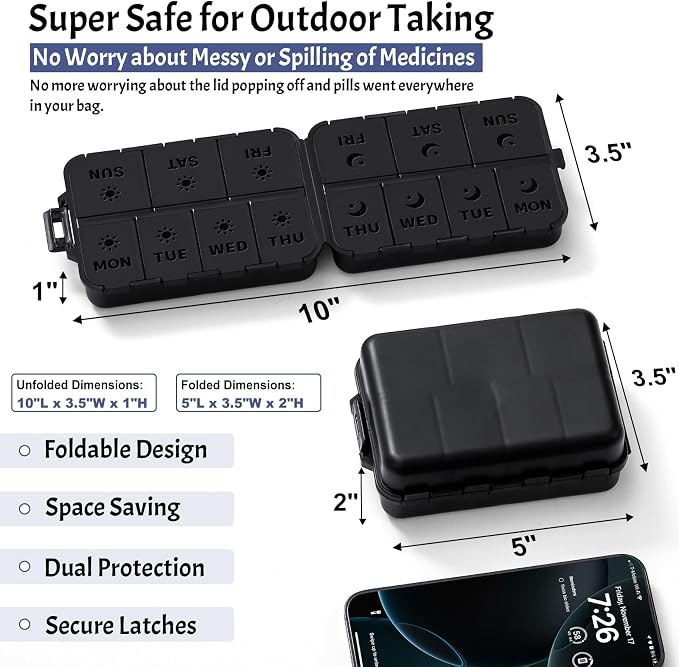 New Foldable & Double Protection Portable Weekly Pill Organizer 2 Times A Day with Etched Labels, AM PM 7 Day Week Medicine Box, Daily Travel Pill Case Dispenser for Vitamin, Supplement - All Black