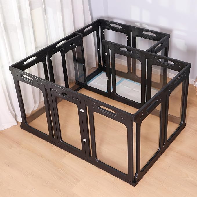 Clear Acrylic Indoor Dog Playpen, 30" H, 2 Panels, Black | Open View, Modern Home Fit, No Climbing Bars, Tool-Free Setup, For Puppies & Small Dogs