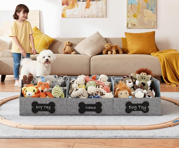 Qozary Large Dog Toy Basket with Diy Tag - Collapsible Dog Toy Bin, Fabric Personalized Pet Toy Box, Trapezoid Storage and Organizer for Pet Supplies