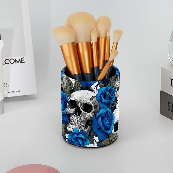 Faux Leather Pen Holder for Desk, Pencil Organizer Skull Pen Cup Desk Decor Makeup Brush Holder Storage for Office Home