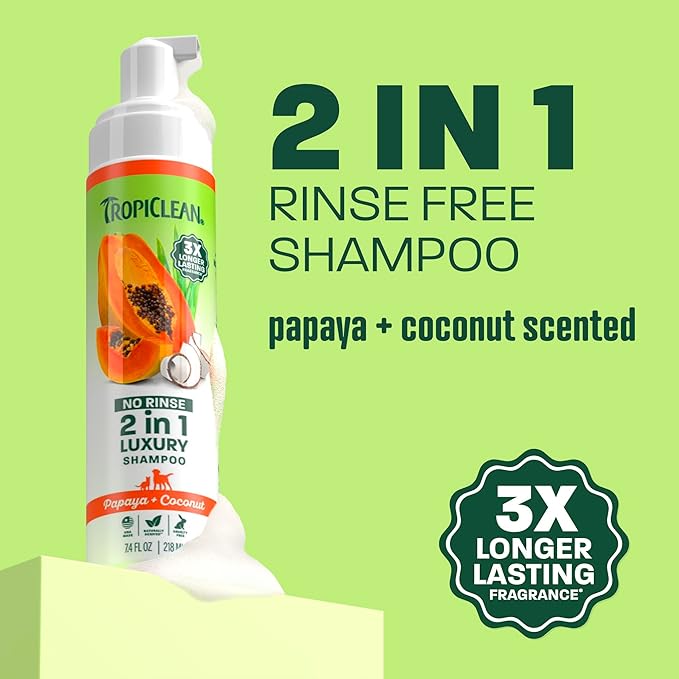 TropiClean No Rinse Waterless Dog Shampoo | Detangling & Deodorizing Dry Shampoo for Smelly Pets | Moisturizes Dry Skin | USA Made | Papaya Scent | 7.4oz