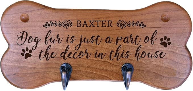 Rooms Organized Personalized Wall Mounted Small Cherry Dog Bone Pet Leash Rack,Dog Collar Holder New Home Decor Gift Ideas and 2 Hooks 11" L x 5.25" H 2.5" deep (Dog Fur)