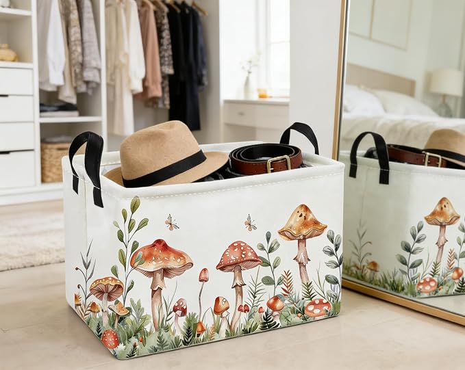 Essme Rectangular Mushroom Basket,Kids Storage Bins Organizer with Handles for Girls Room Decor, Gift Basket,Shelf Basket.(Mushroom)