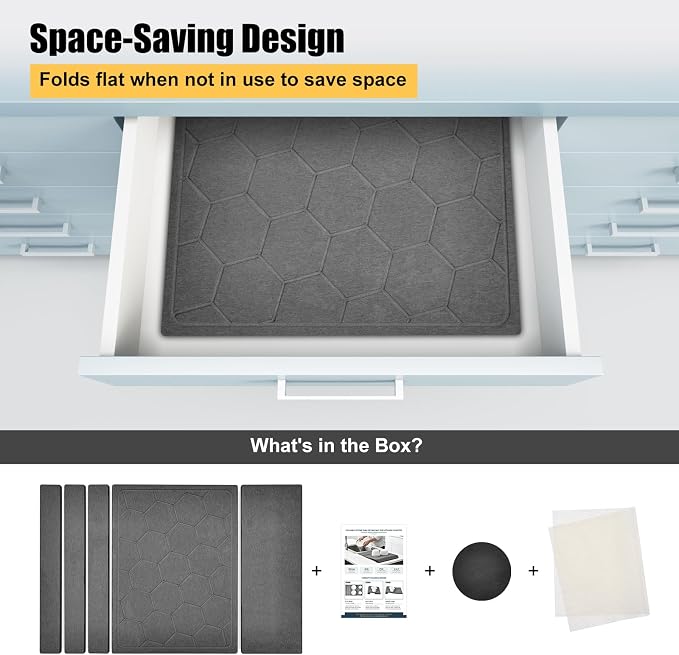 3-in-1 Collapsible Stone Dish Drying Mat for Kitchen Counter | Foldable Water Absorbing Diatomaceous Earth Drying Organizer Pad for Plate Rack Bottles Utensils (Gray - Hex Pattern, 24‘"x16")