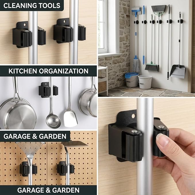 24 PCS Heavy Duty Broom Holder Wall Mount, Stainless Steel Broom Hanger Wall Mount with Screws - Black Mop & Garden Tool Organizer Rack for Garage, Kitchen, Laundry Room Storage