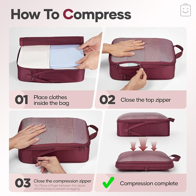 Veken 9/11 Set Compression Packing Cubes Garment Bags for Travel Essentials,Compressible Expandable Luggage Organizer Bags for Clothing,Space Saver Bags with Over 1000 pcs of Mesh Holes(Wine Red)