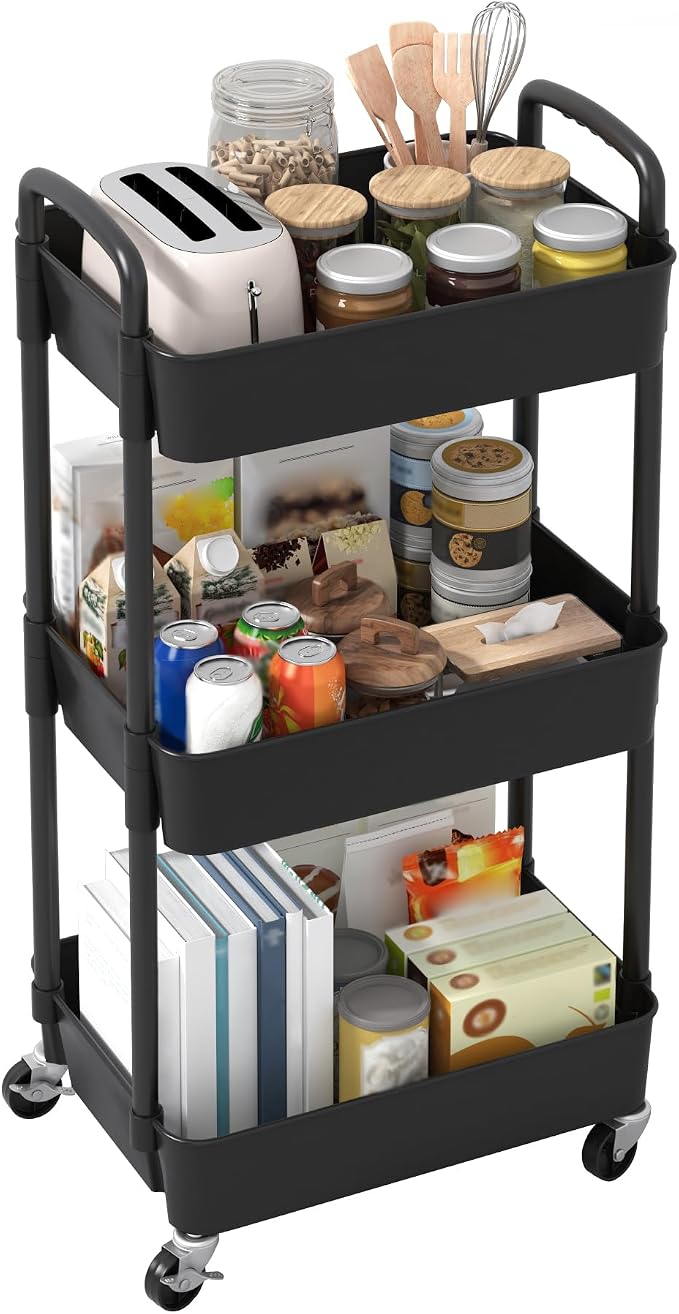 Sywhitta 3-Tier Plastic Rolling Utility Cart with Wheels for Storage,Black | Multi-Functional Storage Trolley, for Office, Living Room, Kitchen, Bathroom,Movable Organizer,Space-Saving,Easy to assemble