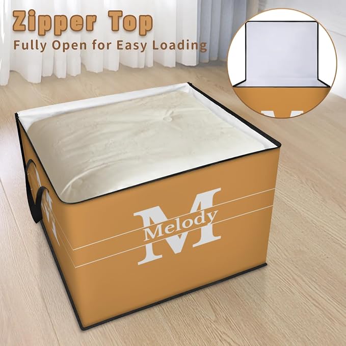 Custom Name Large Storage Bin with Lid, Personalized Storage Basket with Zippers for Organizing Comforters, Blankets, Bedding Closet Shelf Baskets, Orange with Initial Letter