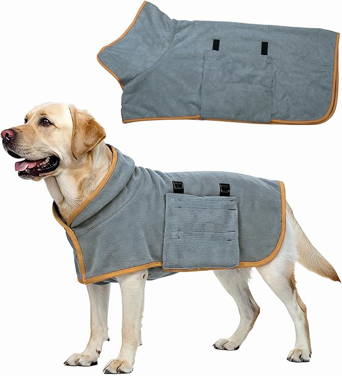 Dog Drying Coat, Dog Robes for After Bath Bathrobe Super Absorbent Towel Soft Adjustable, (L, Gray&Orange Trim), Intended for Fast Drying Warm Keeping Pet Cats Kitten Puppies