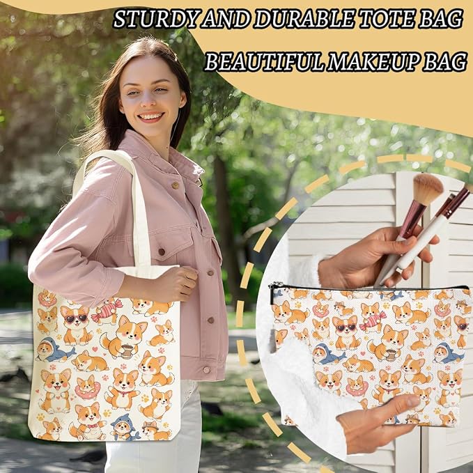Cute Dog Gifts Corgi Gifts for Corgi Lovers Girls Friend Sister Dog Mom Makeup Bag Cosmetic Bags Canvas Tote Bag, Reusable Grocery Bags with Inner Pocket for Shopping Birthday Christmas Thanksgiving