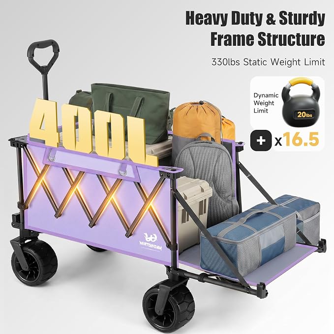 Whitsunday Collapsible Wagon with Tailgate and Big Wheel,Heavy Duty Utility Folding Wagons for Beach Camping Outdoor Purple