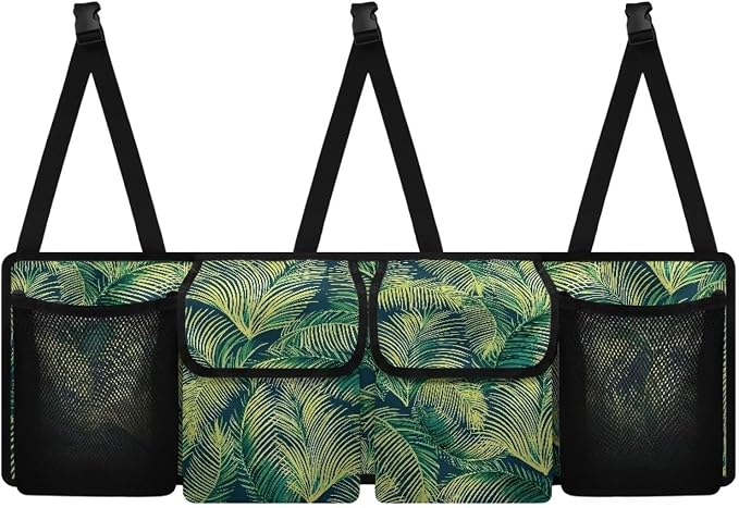 Dreaweet Trunk Organizer for Car Women Green Palm Leaf Print Trunk Organizers for SUV with 4 Pockets Collapsible Trunk Storage Organizer Backseat Hanging Car Organizer for Sedan Truck Van