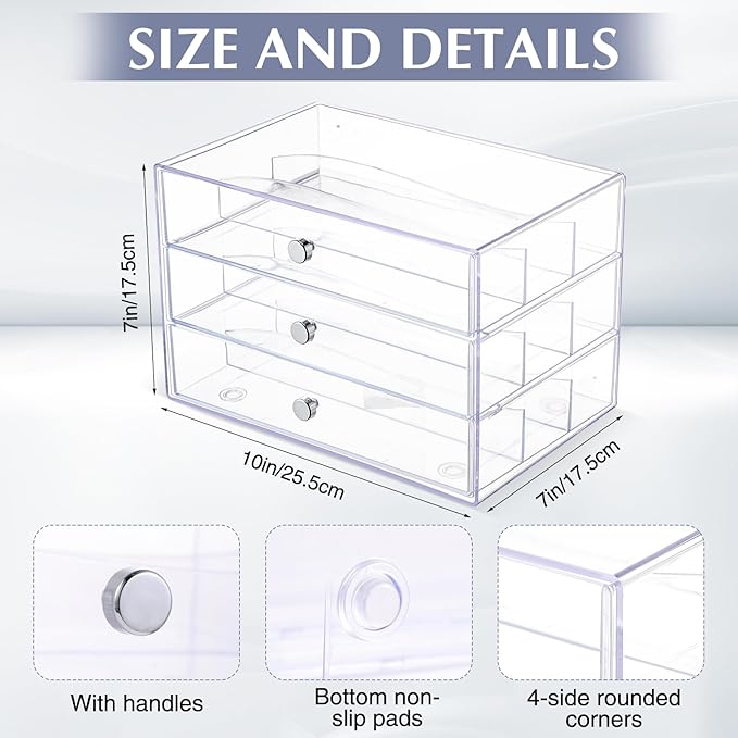 Wonderjune 2 Pack 3 Drawer Clear Washi Tape Organizer Acrylic Storage Box | 10 x 7 x 6.8 in, Divided Drawers, Clear Plastic Cube, Visible Storage for Craft Tape, Jewelry, Makeup Supplies