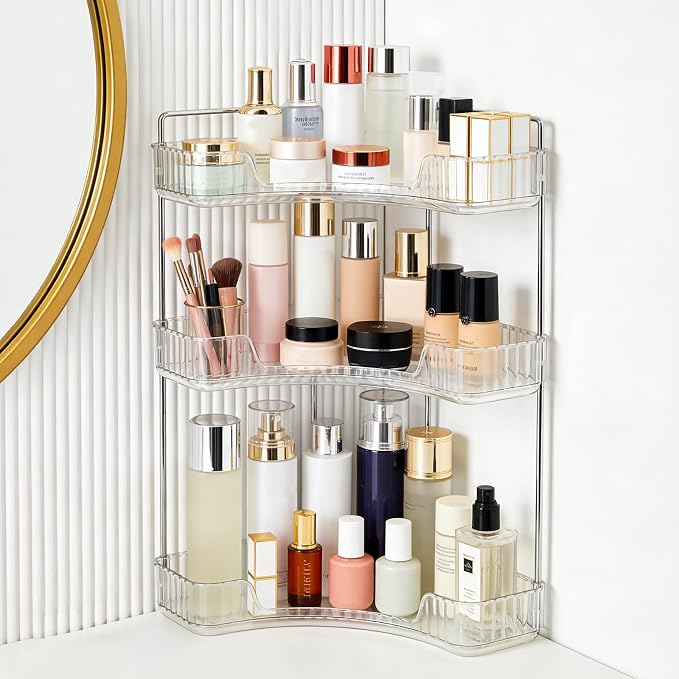 Corner Bathroom Counter Organizer, Vanity Organizer - Countertop Corner Shelf for Makeup Storage,Spice Racks for Kitchen Corner (Clear, 3-Tier)