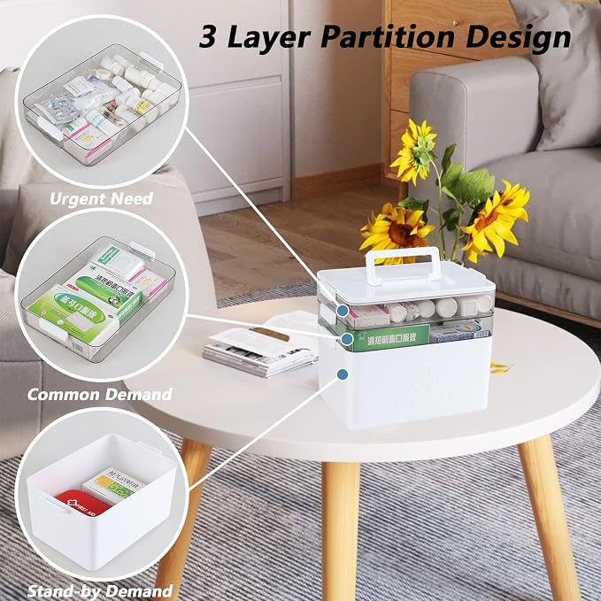 Begale 3-Tier Large Portable Medicine Cabinet Organizer with Handle, White | Plastic, First Aid Box, bpa free, ideal for home bathroom, travel, camping
