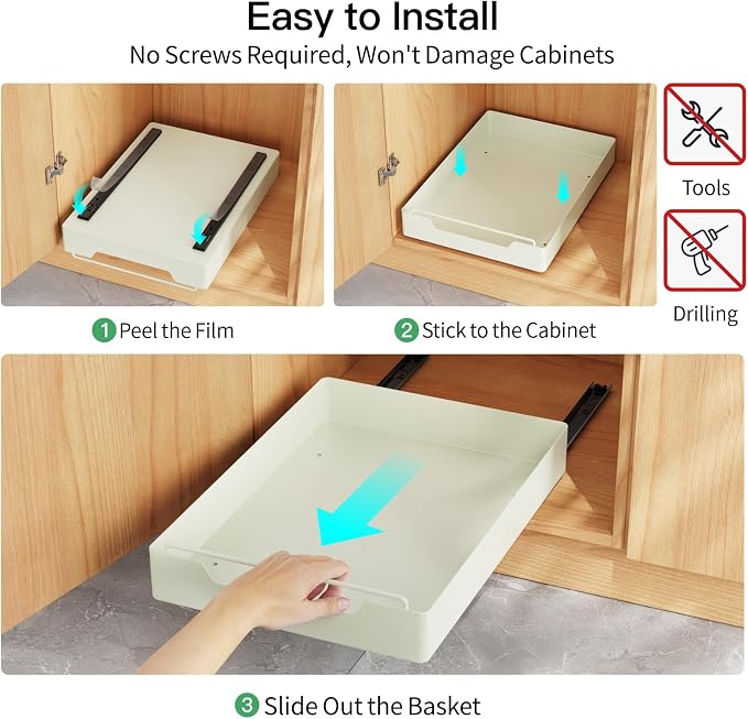 iSPECLE Cabinet Drawer Slide Out - Peel and Stick Pull Out Drawer for 13" Wide Cabinet and Above, No Screw Adhesive Cabinet Drawer Easily Slide to Get Item Without Digging, Avoid Item Fall Out, Black