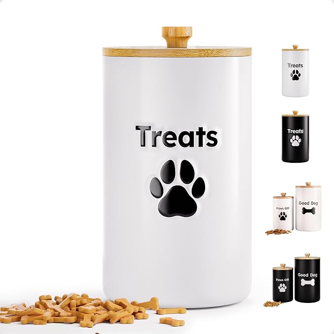 Ceramic Dog Treat Container Airtight with Bamboo Lid, 5"W x 9"H, 7 Cups | Sturdy Durable Ceramic, Airtight Rubber-Lined Bamboo Lid, Food Safe, Fits Most Popular Treats, 7 Cup Capacity, Easy to Wash