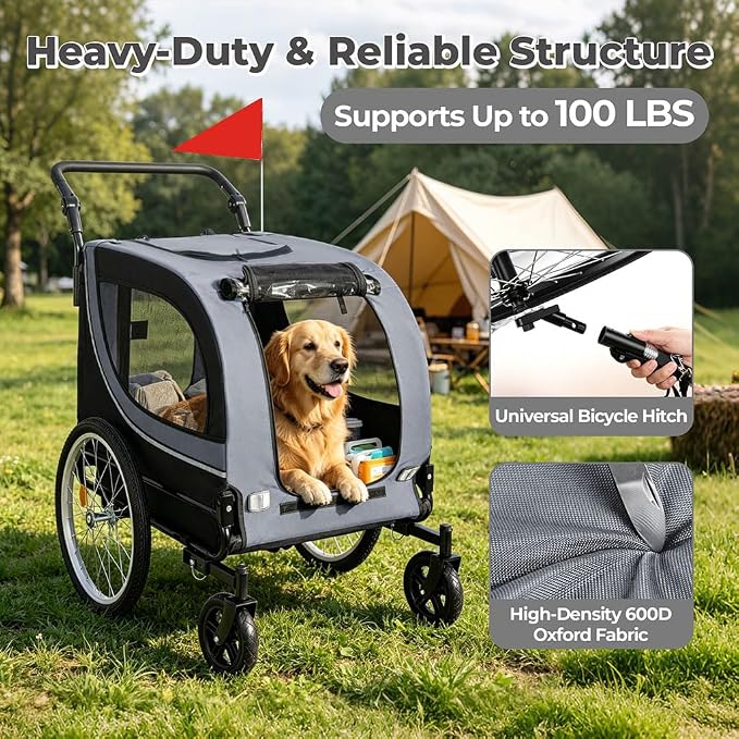 2 in 1 Dog Bike Trailer and Pet Stroller, 100 lbs Capacity Large Dog Bicycle Carrier with Steel Frame and 20" Air Tires & 8" Swivel Front Wheels, Foldable Pet Wagon Cart for Dogs Cats Outdoor Travel