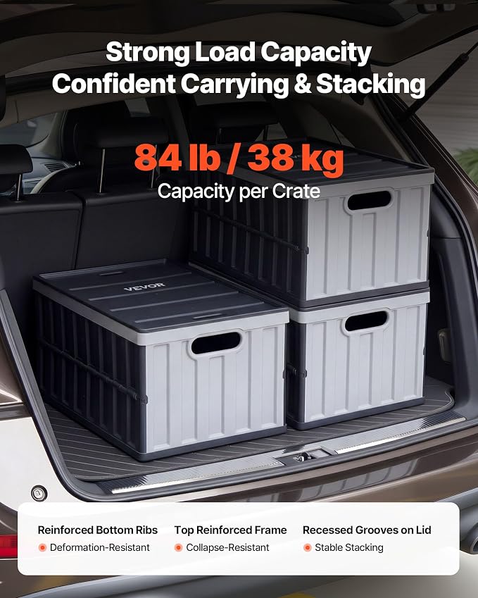 VEVOR Plastic Collapsible Storage Bins with Lids, 65L 3 Packs, Stackable Folding Storage Crates with Handles, Holds 84 lbs Per Bin, Heavy Duty Containers, Space-Saving Baskets, for Home Organizing