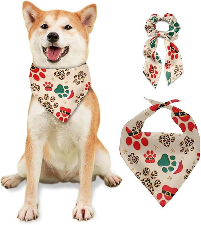 COEQINE Christmas Dog Bandanas Large Beige Bow Hair Tie Bulk Set Costume for Dogs 2 Pcs Large Medium Small Pet Cosplay Birthday Costumes,Cute Paw Print Beige