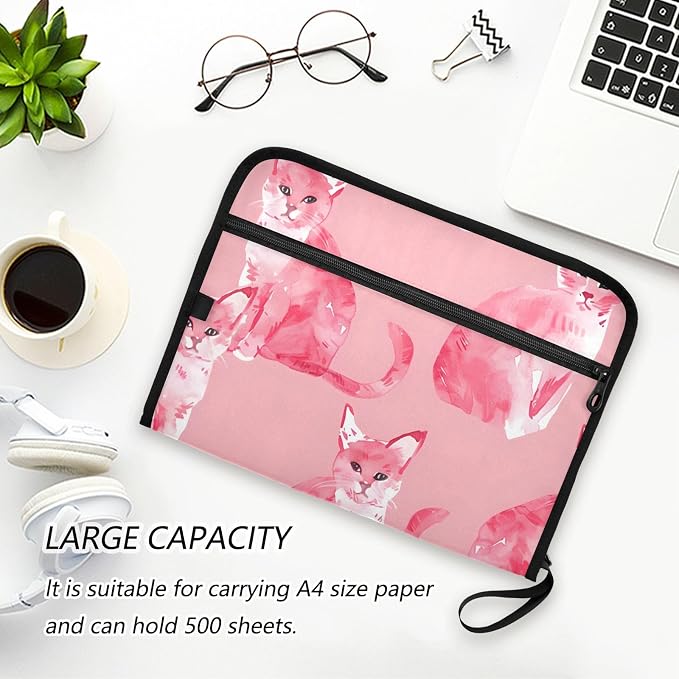 Expanding File Folder Cat Pink Pet Accordion File Organizer 13 Pockets Document Organizer with Zipper Labels A4 Letter Office Storage