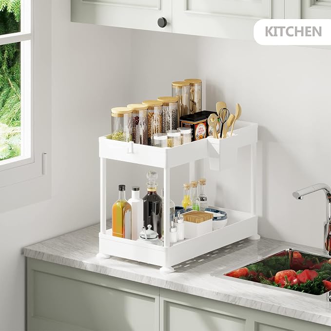 Under Sink Organizers and Storage | Bathroom Cabinet Organizer, Sink Shelf with Utility Hooks and Side Caddy for Under Cabinet Storage | Non Slip Grip Under Kitchen Sink Organizer, White (1-Pack)