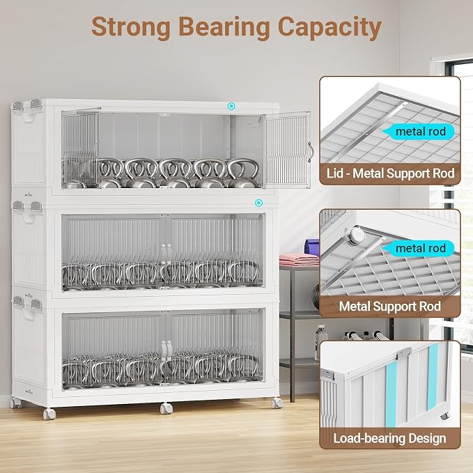 BROVIEW 1020QT Extra Large Stackable Storage Bins with Lid, 3Pack White | 255Gal Plastic Collapsible Cabinets Containers, Wheels & PET Doors, Foldable Closet Organizers Drawers for Office, Dorm