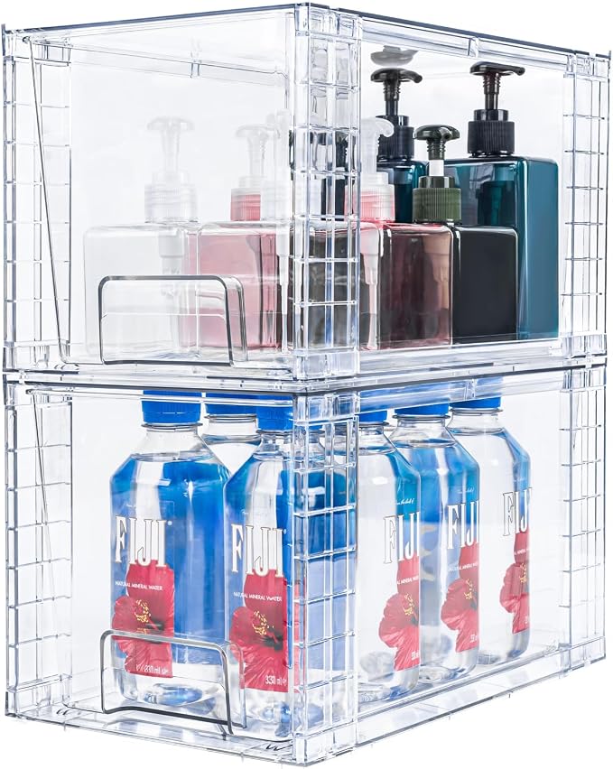 4Pack Large Stackable Kitchen Storage Drawers Holder, Clear Foods Organizer Bins with Handles, Easily Assemble for Bathroom, Kitchen, Pantry, Cabinet, Closet