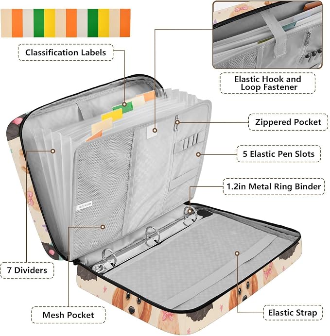 SUABO Pet Dog Love Stars Expanding File Folder Binder Bag | Accordion File Organizer with Zipper & Labels, 3 Ring Binder, Multi Pockets for Office School Home Portable Lightweight