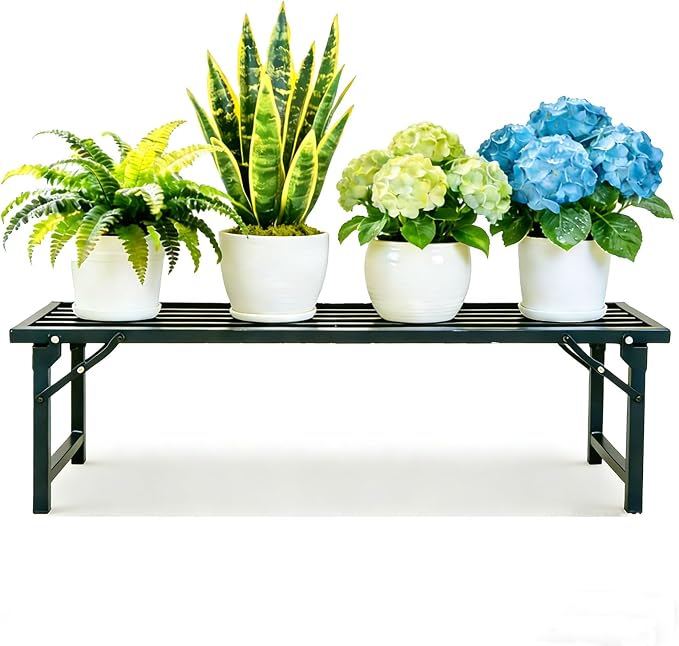 Foldable Plant Stand, No Assembly Heavy Duty Iron Plant Shelf, Rustproof Single Tier Plant Rack for Indoor Outdoor, Long Narrow Flower Stand for Patio Balcony Garden Living Room, L33" xH11.7"x W9.7"
