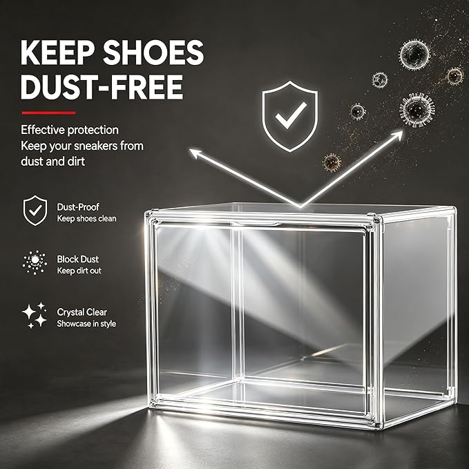 5 Pack Clear High-Top Sneaker Boxes, Wide Magnetic Door, Acrylic Shoe Box | Extra height 10.6'' for high-top sneakers & athletic footwear Size 11.Stackable display design keeps collections organized