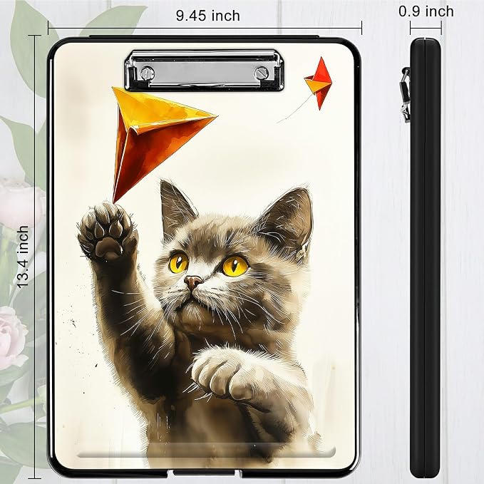 Heavy Duty Storage Clipboard, Slim Nursing Clipboard with Internal Pen Case, Portable File Organizer Case for A4 Letter Size Paper Office Medical Professionals, Gray Cat Painting