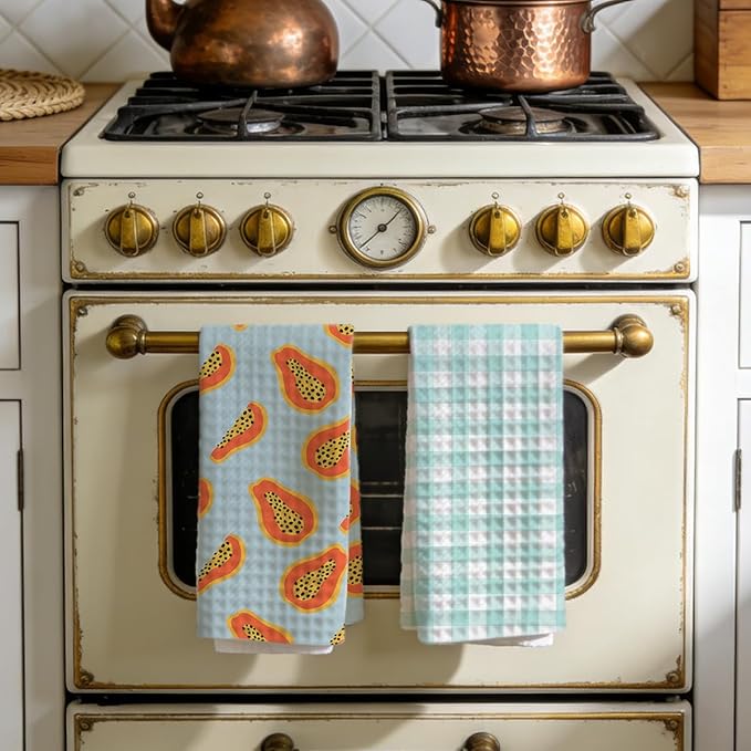 Papaya and Green Checkered Kitchen Towels, Quick Dry Multipurpose Waffle Weave Hand Towels for Bathroom, Absorbent Reusable Cloth Tea Dish Towels for Home Decor, Papaya Lover Gift Towel Set of 2